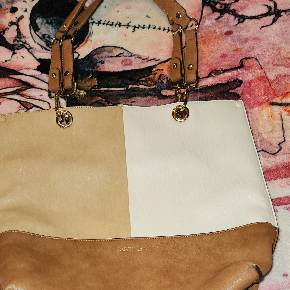 Calvin Klein Two-Tone Tan and White Tote